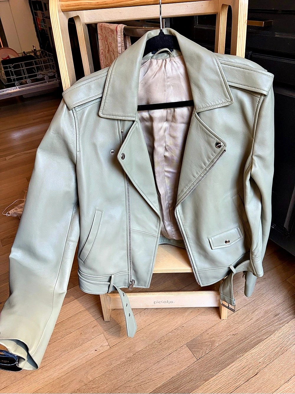 Theory Casual Moto Leather Jacket Point Nappa Sage Green Belted L